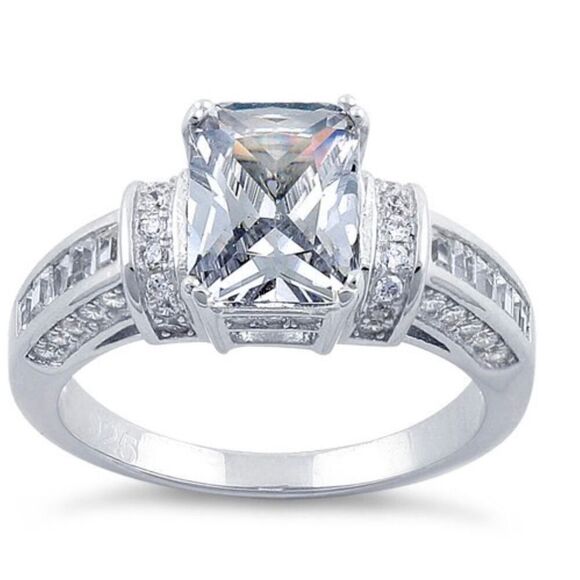 Sterling Silver Clear Emerald Cut CZ Ring New - Picture 2 of 13